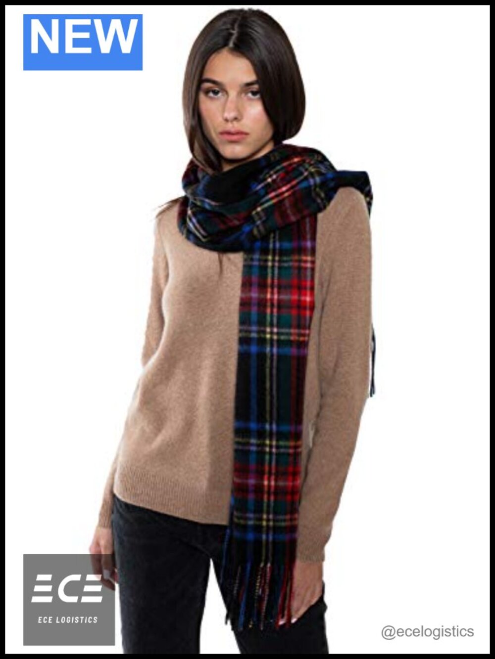 100% Cashmere Shawl Wrap Large Check Plaid Cold Weather Scarf